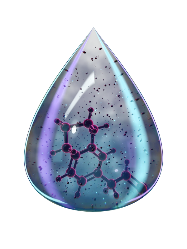 A glass drop of industrial wastewater with a dark pollutant molecule inside