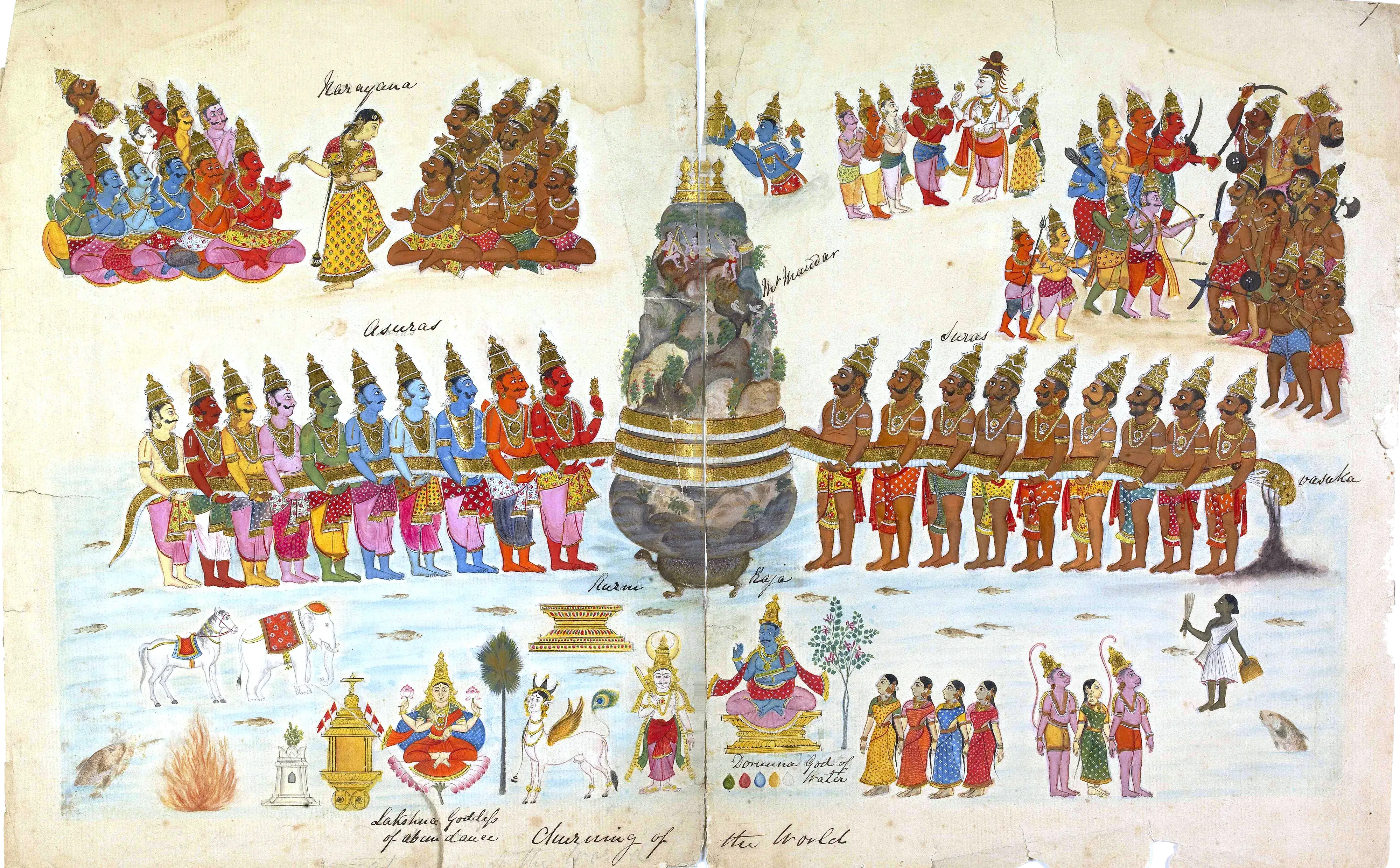 A painting of the churning of the ocean: gods and demons haul the great serpent Vāsuki, wound round a mountain, to churn the sea, and the ocean's treasures rise from the water below